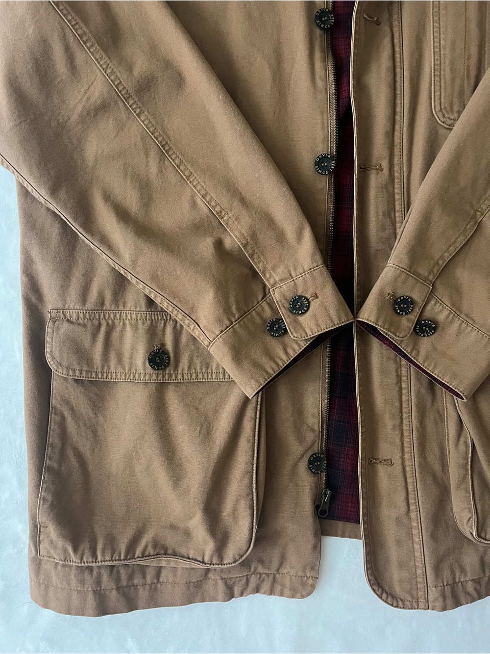 Orvis Heritage Canvas Barn Coat with Dark Brown Corduroy Collar & Plaid Lining - Picture 6 of 16